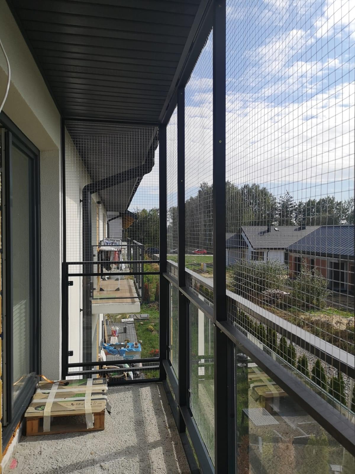 kot wspinający się po słupku we wnętrzu woliery