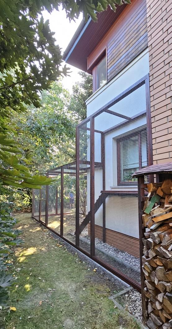 widok na dużą wolierę w której na półce siedzi czarny kot